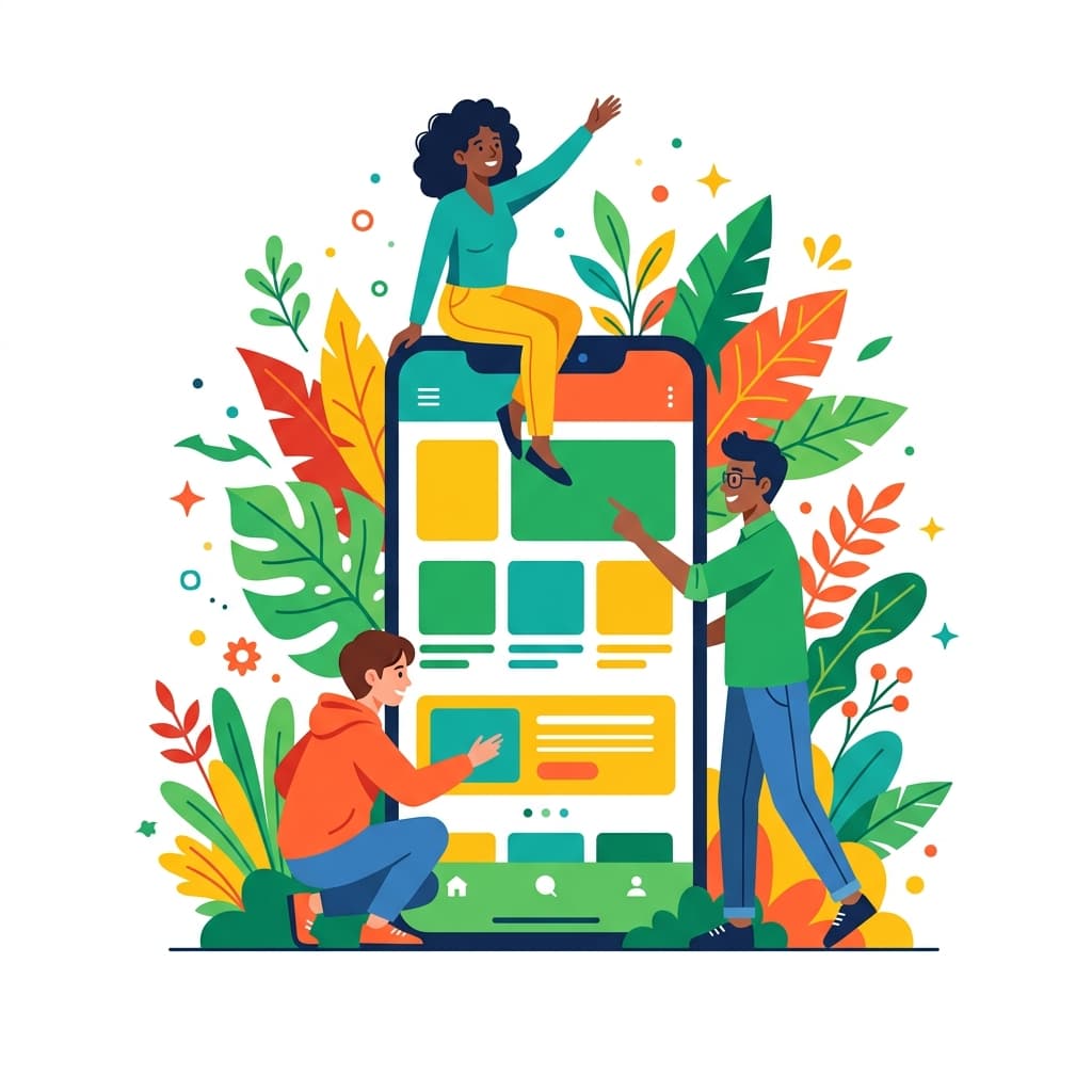 Illustration of people collaborating around a mobile app screen with colorful plants and decorative elements