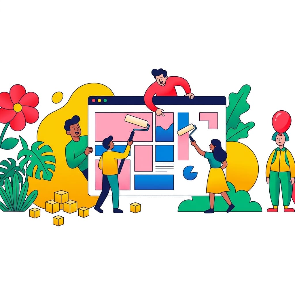 Illustrated people collaborating around a browser window with colorful workflow tools